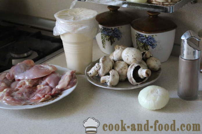 Пиле бедрото без кост с гъби на фурна - как да се готви вкусни пилешки бутчета във фурната, с една стъпка по стъпка рецепти снимки
