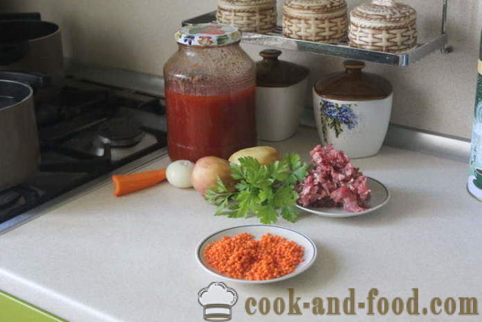 Обикновено червена супа от леща с кюфтета и домати - Как да се готви супа от червена леща, с една стъпка по стъпка рецепти снимки