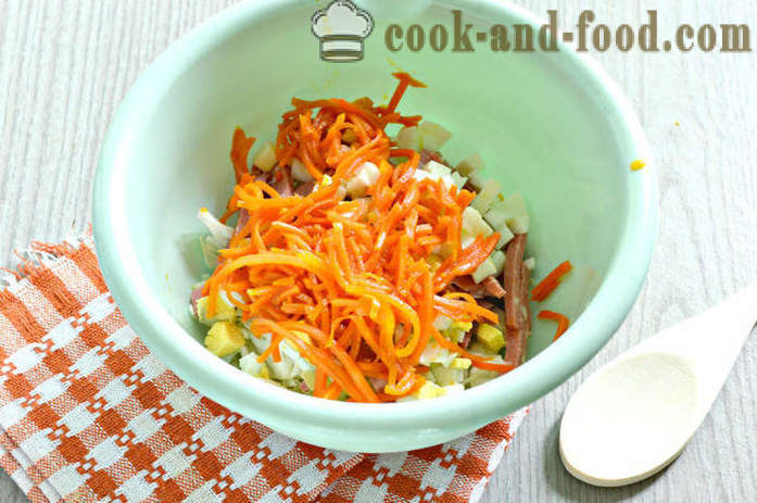 Салата с крутони, корейски моркови, наденички - Как да се подготви салата с крутони и майонеза, стъпка по стъпка рецепти снимки