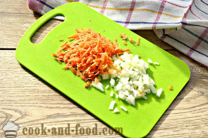 Вкусна пълнеж ориз с пилешко месо, лук и моркови - как да се готвя за пълнене пиле за торти и сладкиши, стъпка по стъпка рецепти снимки