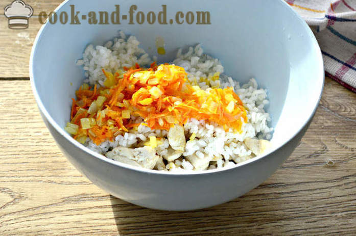 Вкусна пълнеж ориз с пилешко месо, лук и моркови - как да се готвя за пълнене пиле за торти и сладкиши, стъпка по стъпка рецепти снимки