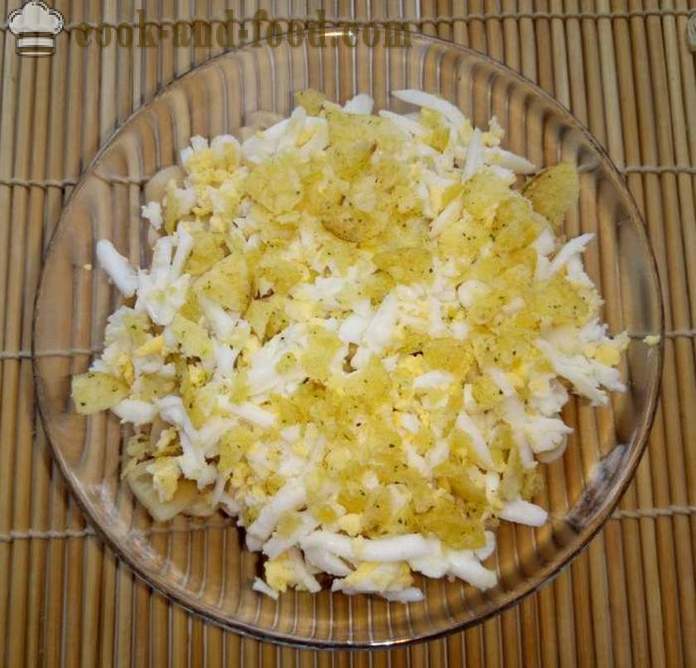 Лесна салата и пържени картофи - как да се направи на пластове салата с шунка, гъби и чипс, стъпка по стъпка рецепти снимки