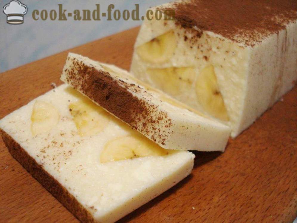 Изварата десерт с желатин и банан без печене - как да се готвя чийзкейк десерт с желатин, стъпка по стъпка рецепти снимки