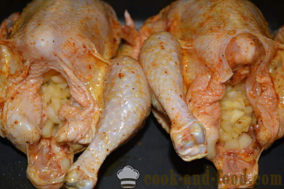 Пълнени пилешки с хрупкава коричка печен в пещ - като изпечен пиле в цяла печка, стъпка по стъпка рецепти снимки
