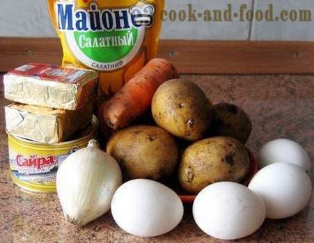 Мимоза салата - походова класически рецепта със сирене, масло, консервирани храни и картофи (снимки, видео)